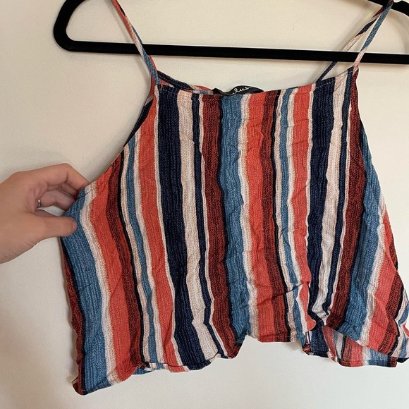Cream, rust, and blue striped crop top with open draped back - Picture 1 of 3